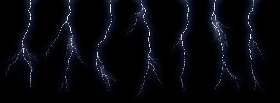 Set of different lightning bolts isolated on black background Stock Illustration