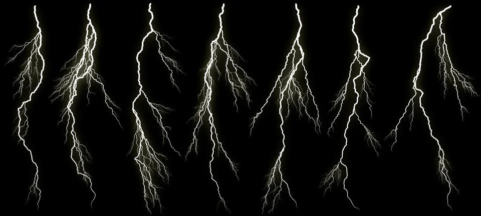 Set of different lightning bolts isolated on black background Stock Illustration