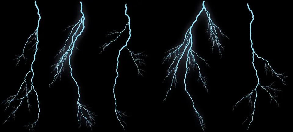 Set of different lightning bolts isolated on black background Stock Illustration