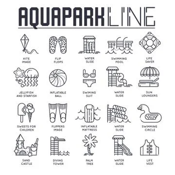 Set of different line-drawn icons dedicated to aquapark theme. Layout modern Stock Illustration