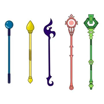 Set of Different Magic Staffs isolated on white background. Vector illustration. Stock Illustration