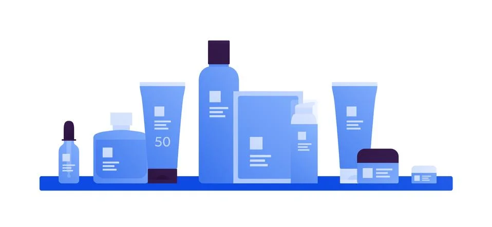 Set of different makeup blue bottle standing on horizontal shelf Stock Illustration