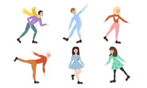 Set of different male and female characters rollerblading in different action Stock Illustration