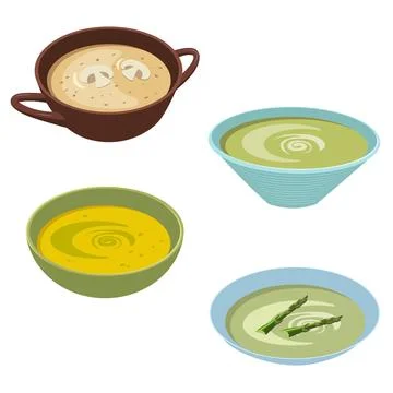 A set of different mashed soups. Asparagus, squash, avocado, champignons. V.. Illustrazione stock