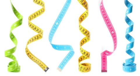 Set with different measuring tapes on white background Stock Photos