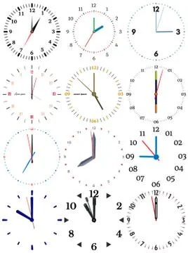 A set of different mechanical clocks Illustrazione stock