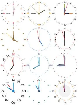 A set of different mechanical clocks with an image of each of the twelve hours Stock Illustration