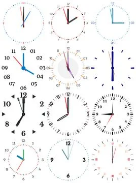 A set of different mechanical clocks with an image of each of the twelve hours Stock Illustration