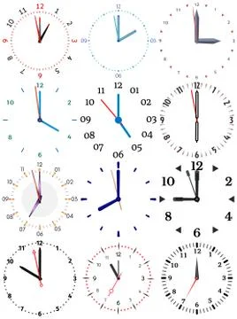 A set of different mechanical clocks with an image of each of the twelve hours Stock Illustration