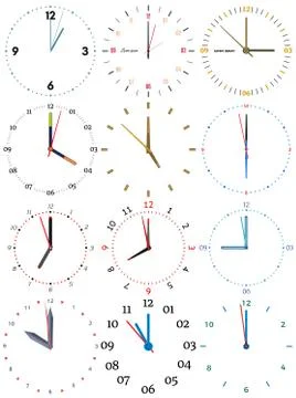 A set of different mechanical clocks with an image of each of the twelve hours Stock Illustration