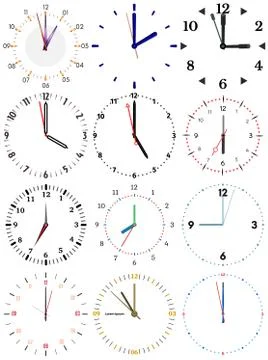 A set of different mechanical clocks with an image of each of the twelve hours Stock Illustration