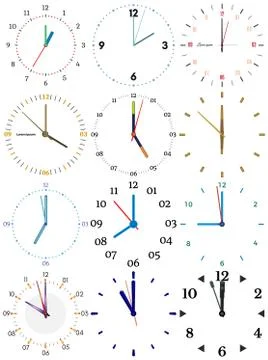 A set of different mechanical clocks with an image of each of the twelve hours Stock Illustration