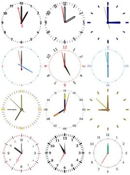 A set of different mechanical clocks with an image of each of the twelve hours 스톡 일러스트