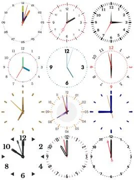 A set of different mechanical clocks with an image of each of the twelve hours Stock Illustration