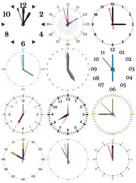 A set of different mechanical clocks with an image of each of the twelve hours 스톡 일러스트