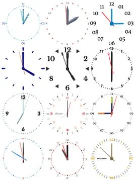 A set of different mechanical clocks with an image of each of the twelve hours Illustrazione stock