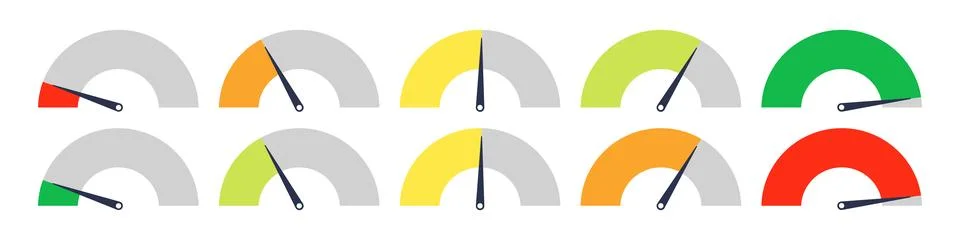 Set of different meter gauge element. Green and red, low and high barometers, Stock Illustration