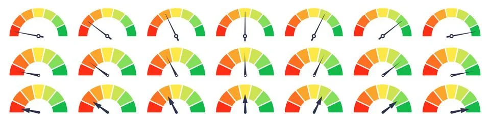 Set of different meter gauge element. Green and red, low and high barometers, Stock Illustration