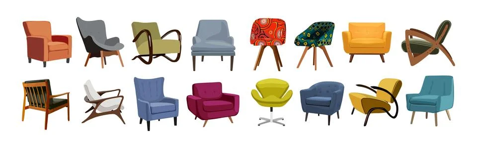 Set of different mid century modern armchairs. Stock Illustration