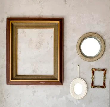 Set of different modern and ancient mirrors and photo frame. Stock Photos