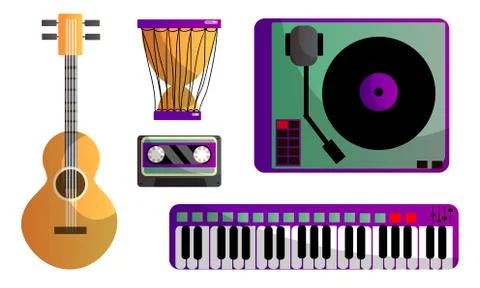Set of different modern musical instruments and tools for playing and listening Stock Illustration