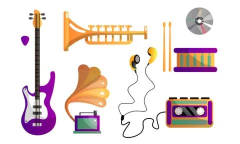 Set of different modern musical instruments and tools for playing and listening Stock Illustration