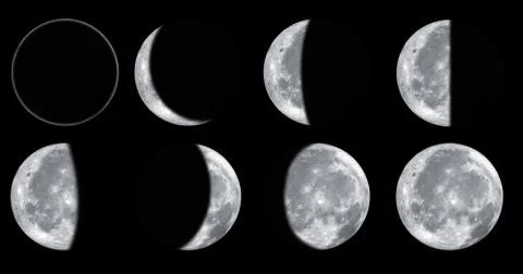 Set of different moon phases isolated on black background Stock Photos