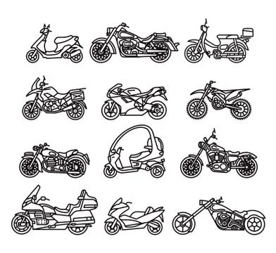 Set of different motorcycles in flat design. Vector. Isolated Stock Illustration