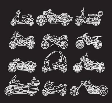 Set of different motorcycles in flat design. Vector. Isolated Stock Illustration