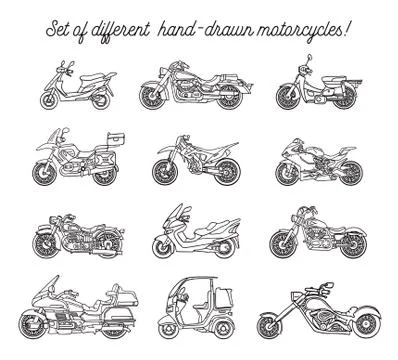 Set of different motorcycles. Vector. Isolated Stock Illustration