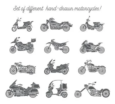 Set of different motorcycles. Vector. Isolated Stock Illustration