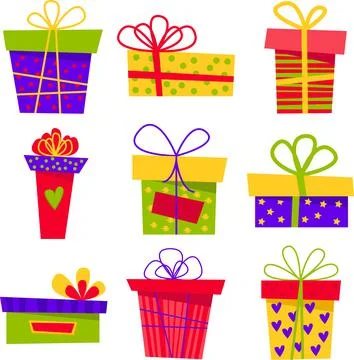 A set of different, multi-colored gift boxes. Stock Illustration