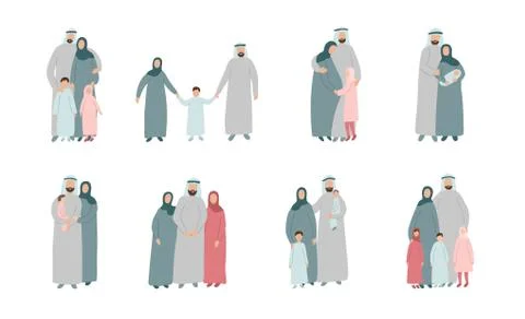 Set of different Muslim families. Arabian parents with kids in traditional Stock Illustration