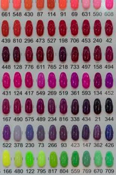 Set of different nail polish colours on palette in cosmetic store. Wide range Stock Photos