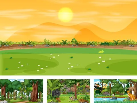 Set of different nature horizontal scene with various wild animals Ilustração Stock