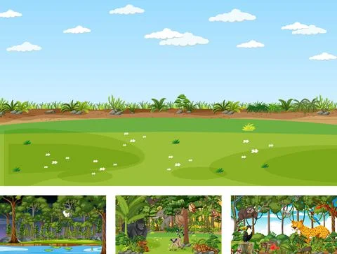 Set of different nature horizontal scene with various wild animals Ilustração Stock