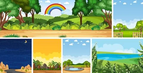 Set of different nature place scene in vertical and horizon scenes at daytime Stock Illustration