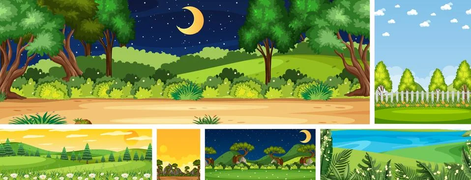 Set of different nature place scene in vertical and horizon scenes at daytime Stock Illustration