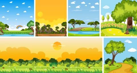 Set of different nature place scene in vertical and horizon scenes at daytime Ilustração Stock