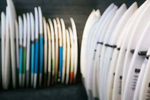 Set of different new white surf boards Stock Photos