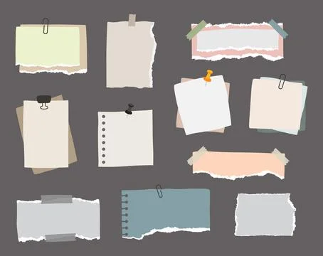 Set of of different notes on sticky tape and binder clips, pieces of torn paper Stock Illustration