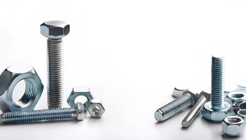 Set of different nuts and bolts isolated on white background with copy spac.. Stock Photos