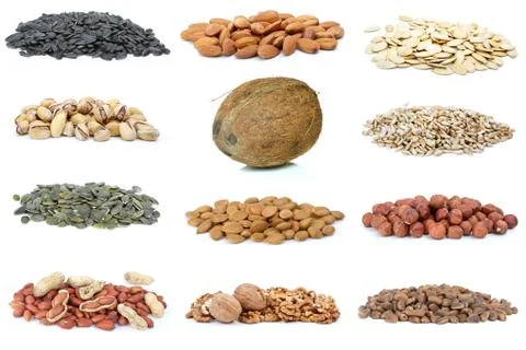 Set of different nuts isolated on the white background Photos
