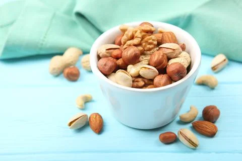 A set of different nuts on the table. Photos