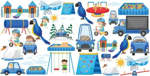 Set of different objects in blue Stock Illustration
