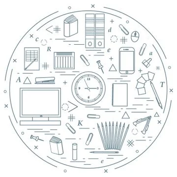Set of different office objects arranged in a circle. Including icons of pape 库存插图