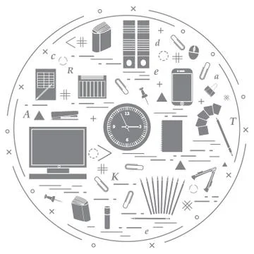 Set of different office objects arranged in a circle. Including icons of pape Illustrazione stock