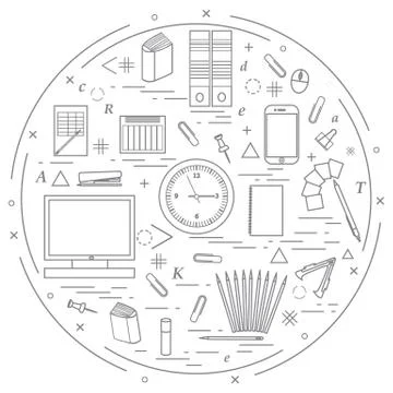 Set of different office objects arranged in a circle. Including icons of pape 스톡 일러스트