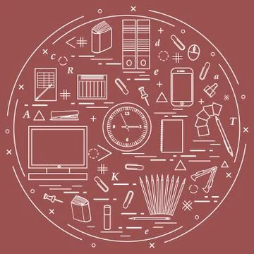 Set of different office objects arranged in a circle. Including icons of pape Stock Illustration