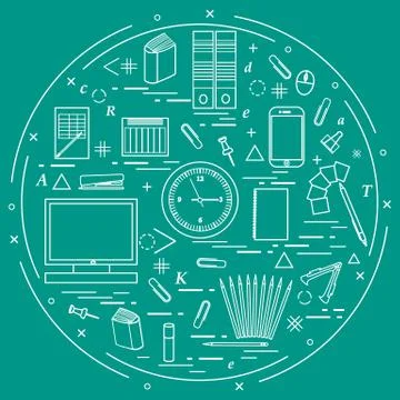 Set of different office objects arranged in a circle. Including icons of pape Illustrazione stock